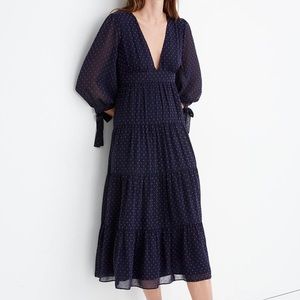NWOT Madewell Plunge Navy Tiered Midi Maxi Dress w/ Fuschia Clipdot Tie-Sleeve
